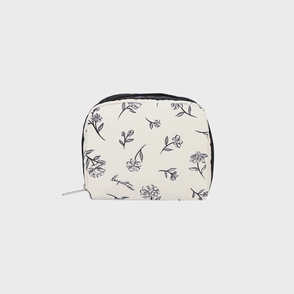 墨水 素描風 花卉 象牙色 方形 化妝品 化妝袋