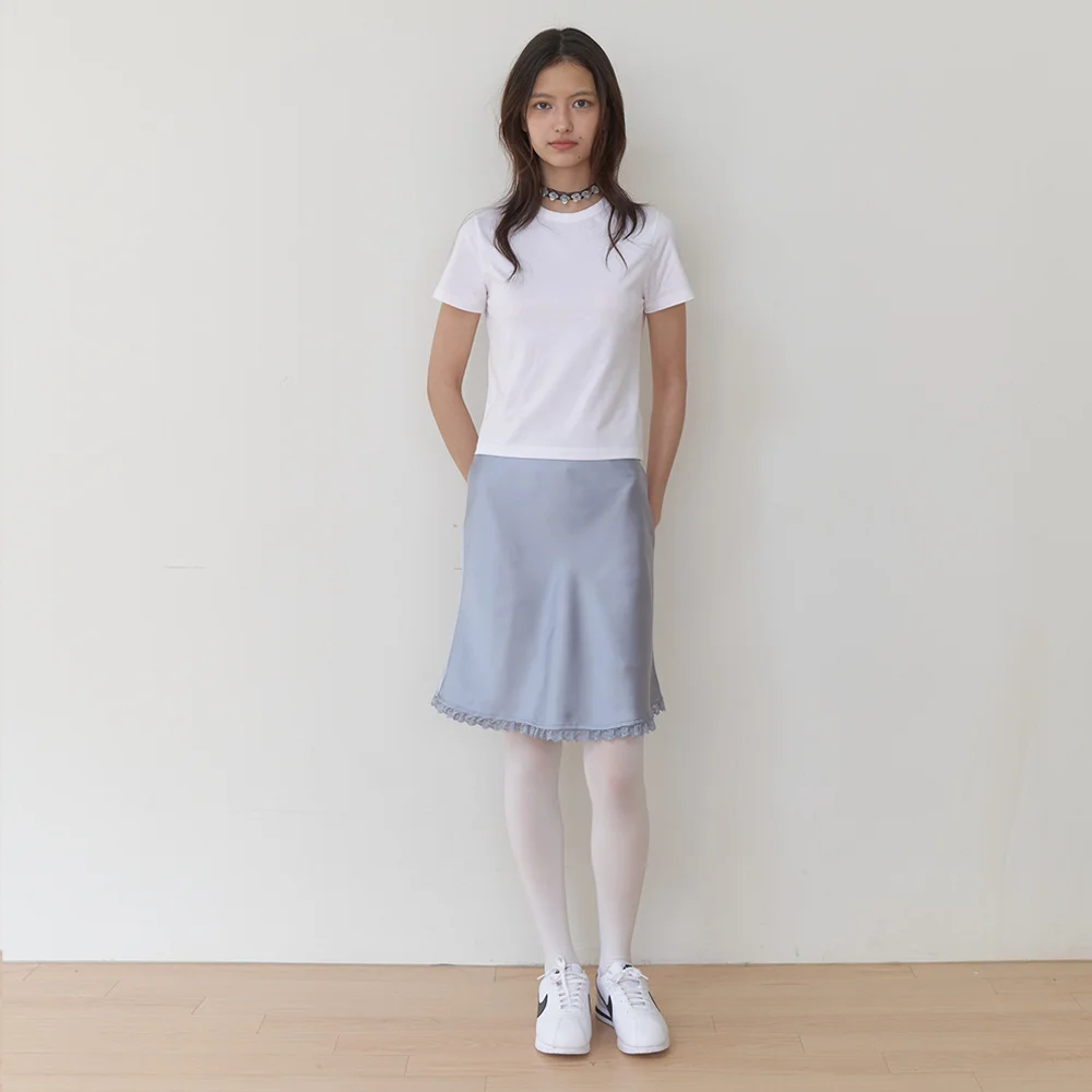 satin lace mini skirt - misty blue