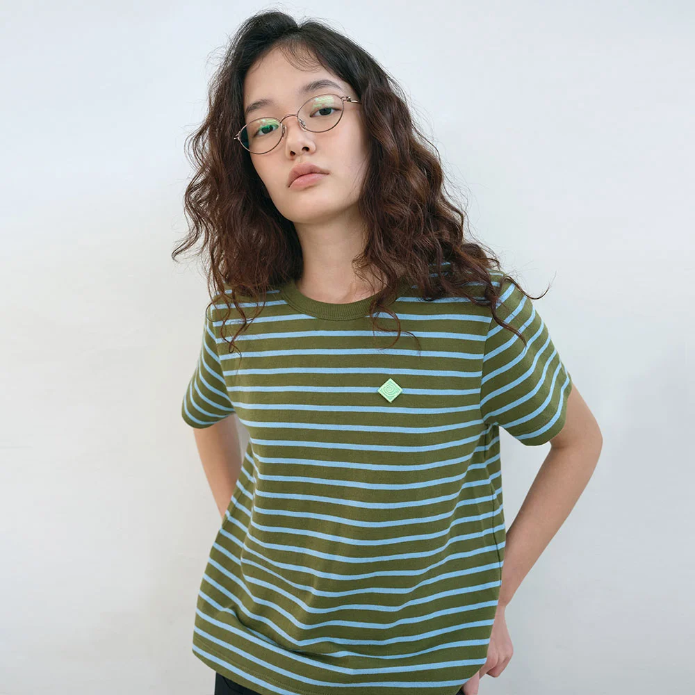 條紋 經典 T恤 (Olive)