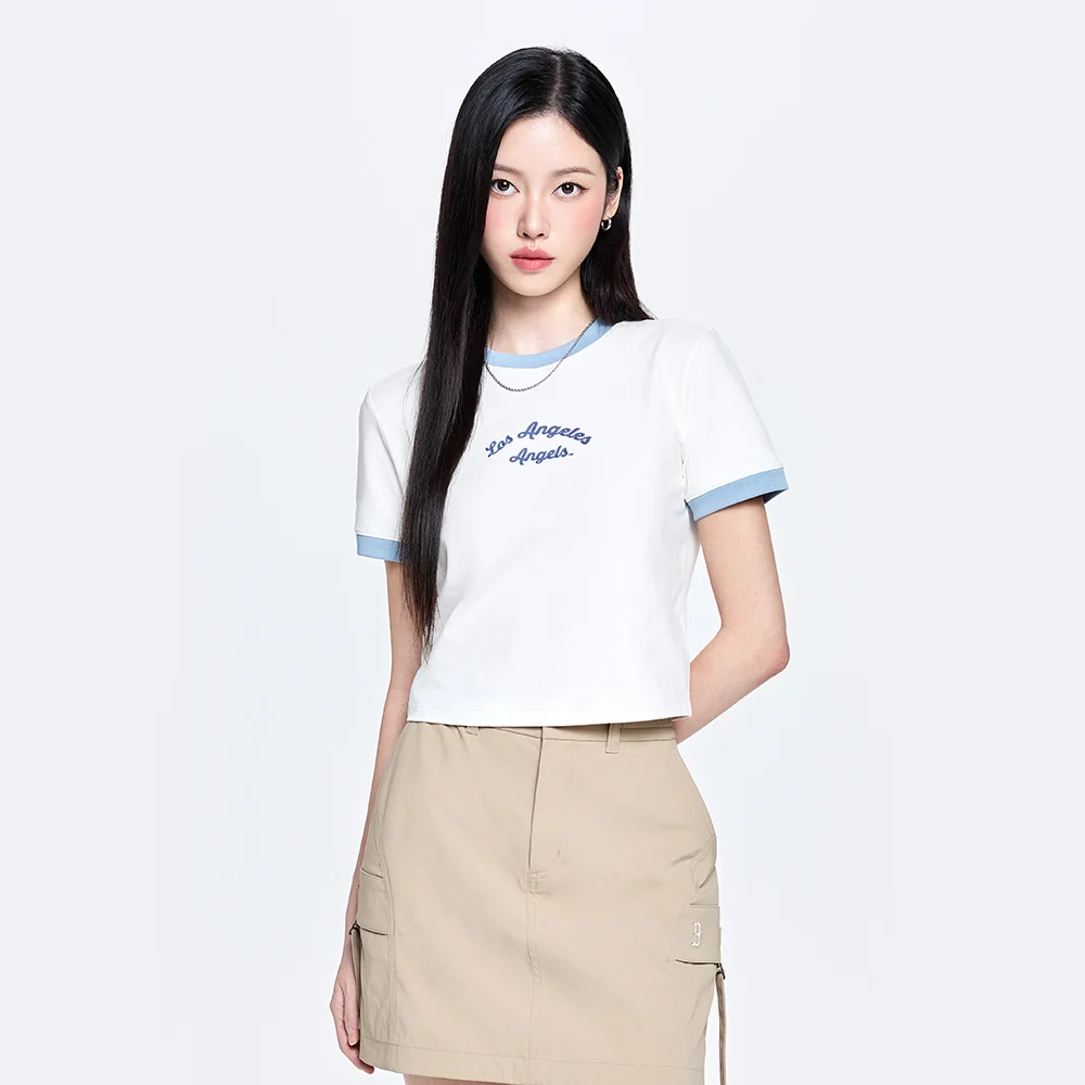 女裝 運動風 字母印花 修身 短版 Ringer T恤 LA (Cream)