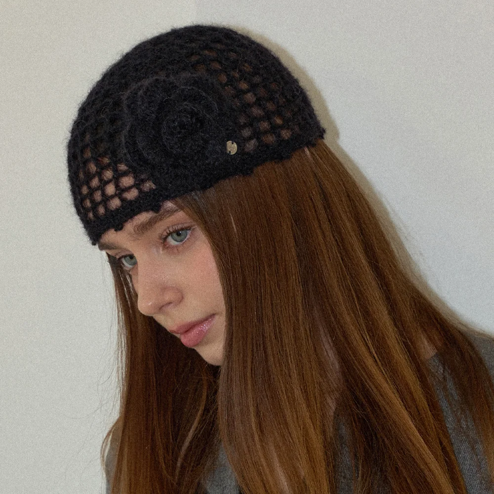 Camellia Handmade Crochet Mohair Knit Punching Short Beanie _ Black