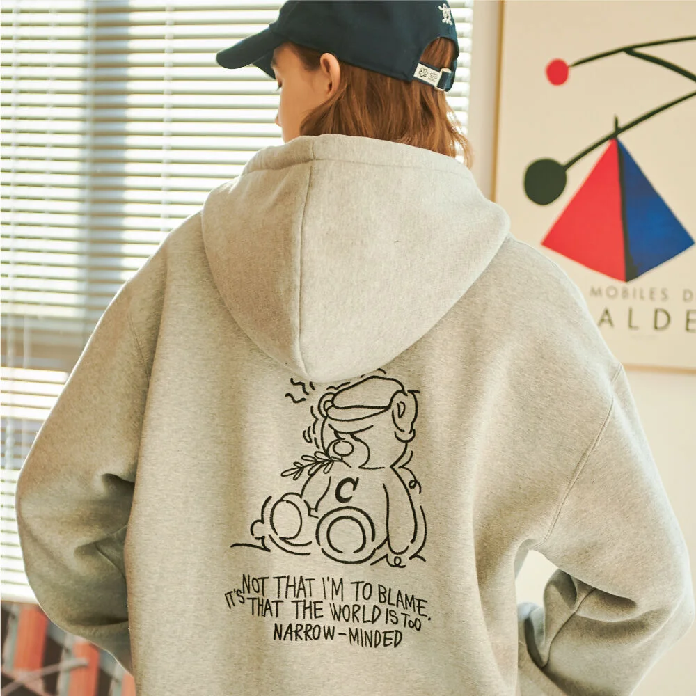Trembling 熊 刺繡 連帽衫 拉鏈 灰色