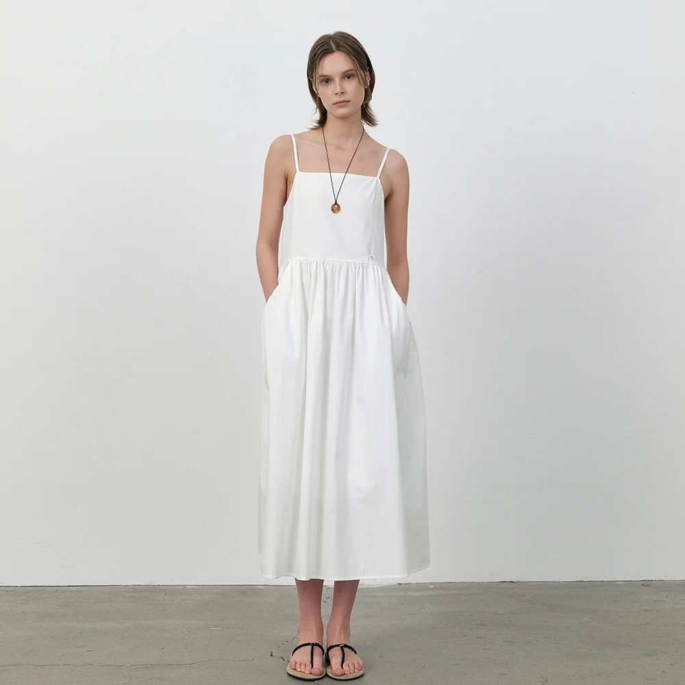 Gathered cotton maxi sleeveless dress_Ivory