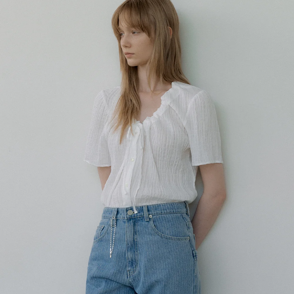 strap ribbon shirring blouse (ivory) orc 6022
