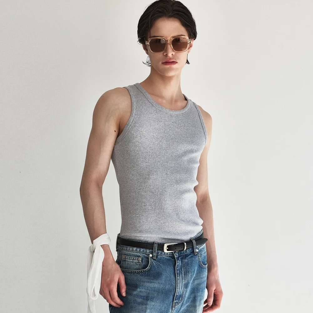 Sleek Ribbed Sleeveless Top_Melange Grey