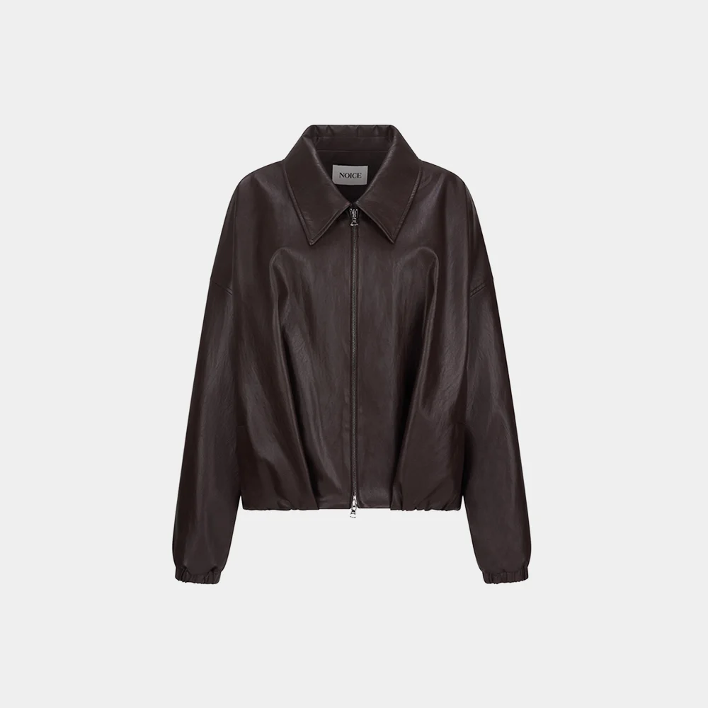 (W) FAUX LEATHER SHIRRED BLOUSON - BROWN