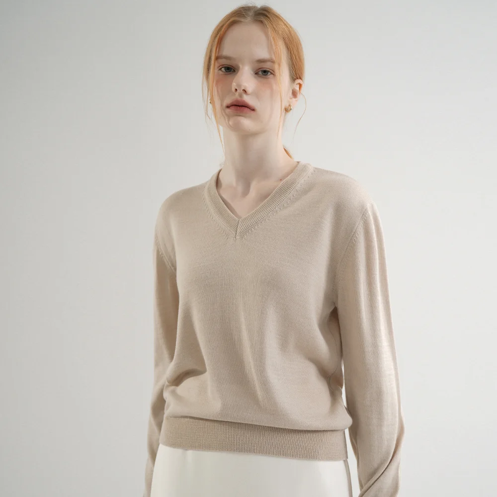 Premium Anti-filling Wool V-neck Basic Knit (Gray_beige)