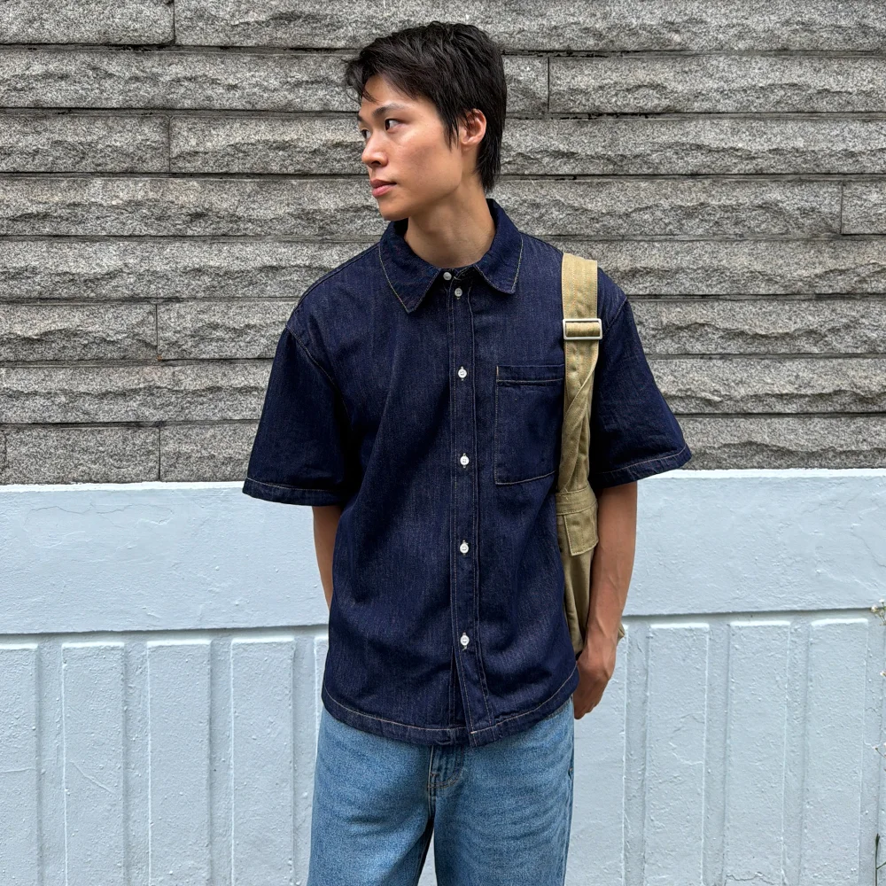 Non-fade 短袖 牛仔 襯衫 深 靛藍