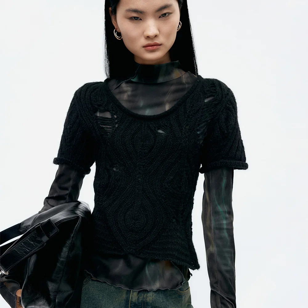 CAP SLEEVE SWEATER LAYERED TOP atb1352w(BLACK)