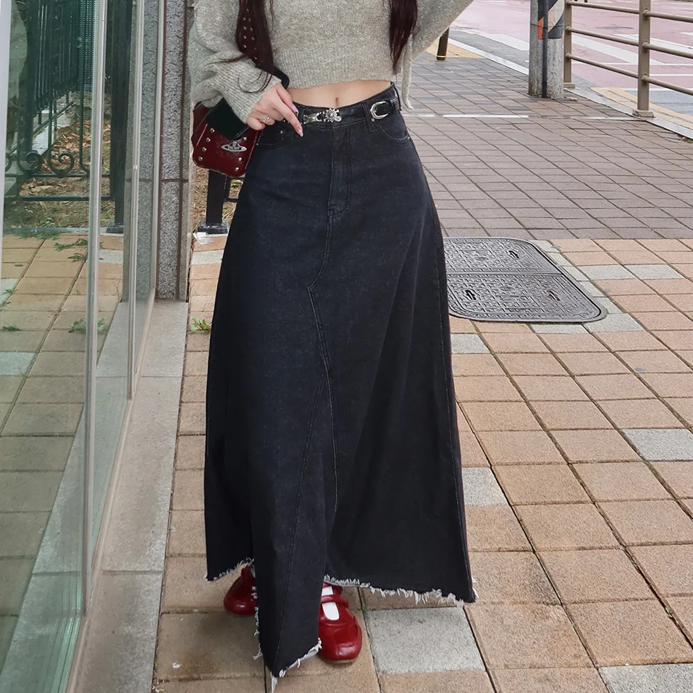 Maxi 牛仔 毛邊 A線條 長 半身裙 (黑藍牛仔)