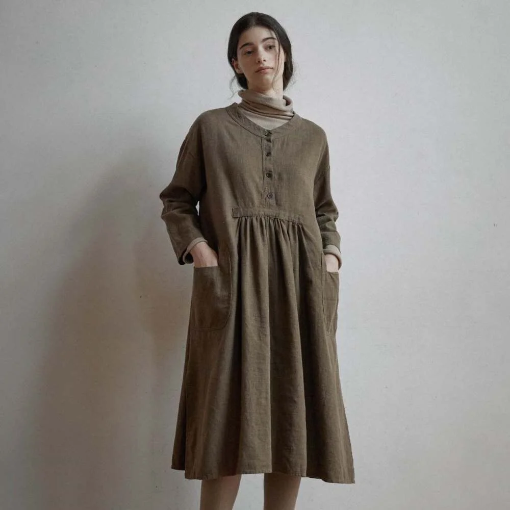 Dutch Cationic Linen Button Dresses -3color