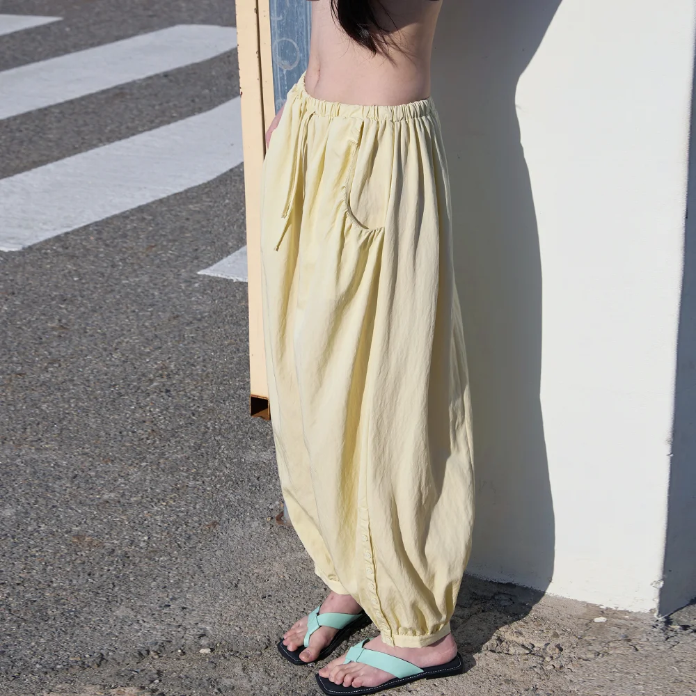 Button Detail Shirring Pants Lemon butter