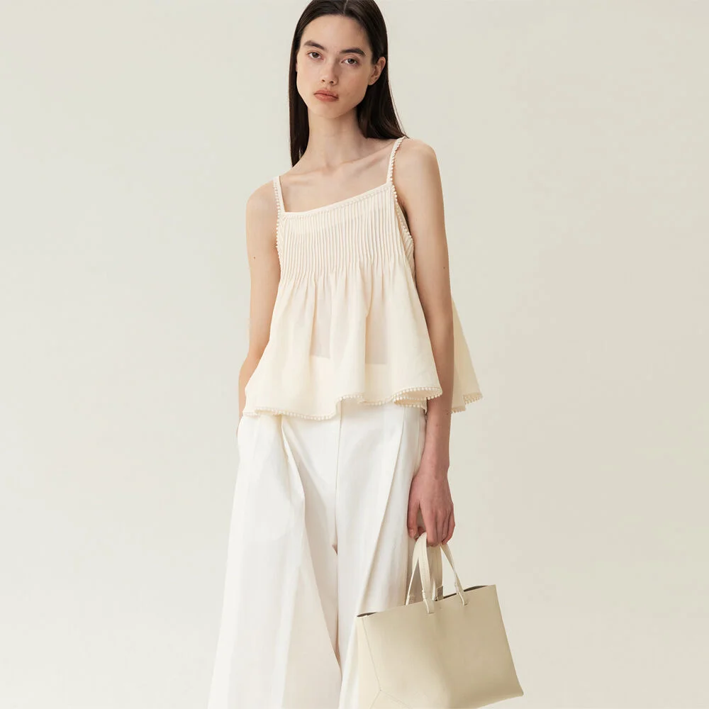 Pintuck Lace Sleeveless Top Cream