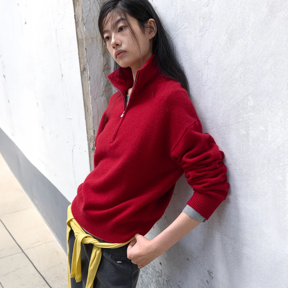 (T-7317)WOOL 100% HALF ZIP-UP LOOSE FIT KNIT