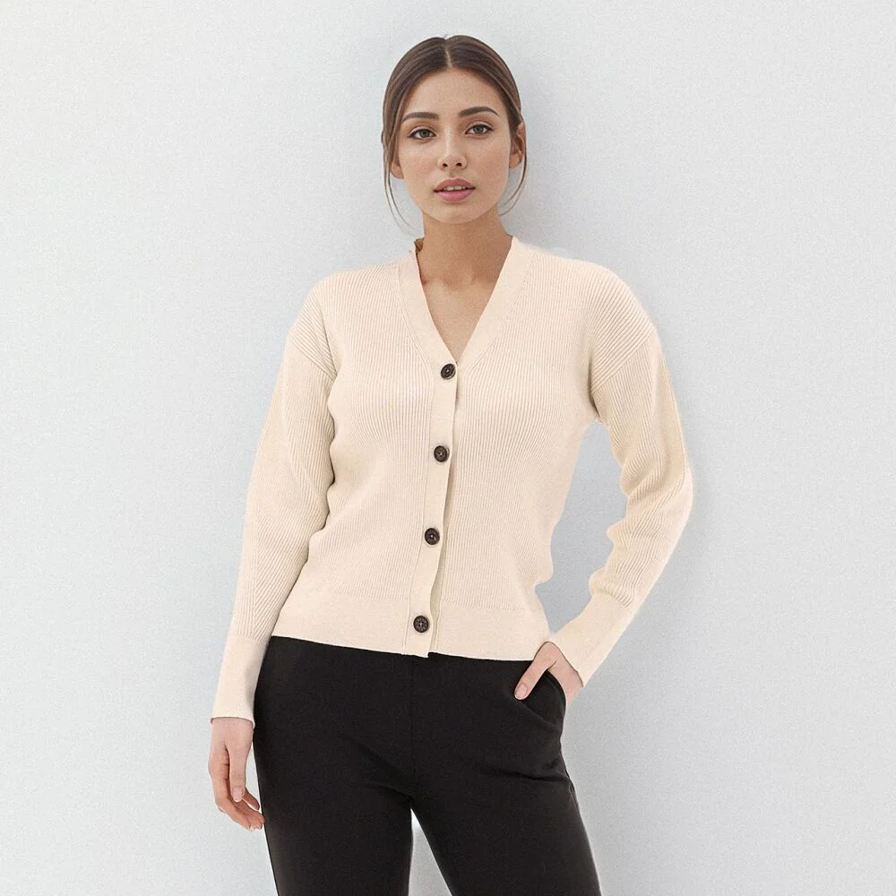 Cotton V-neck Ribbed Cardigan _2 Color