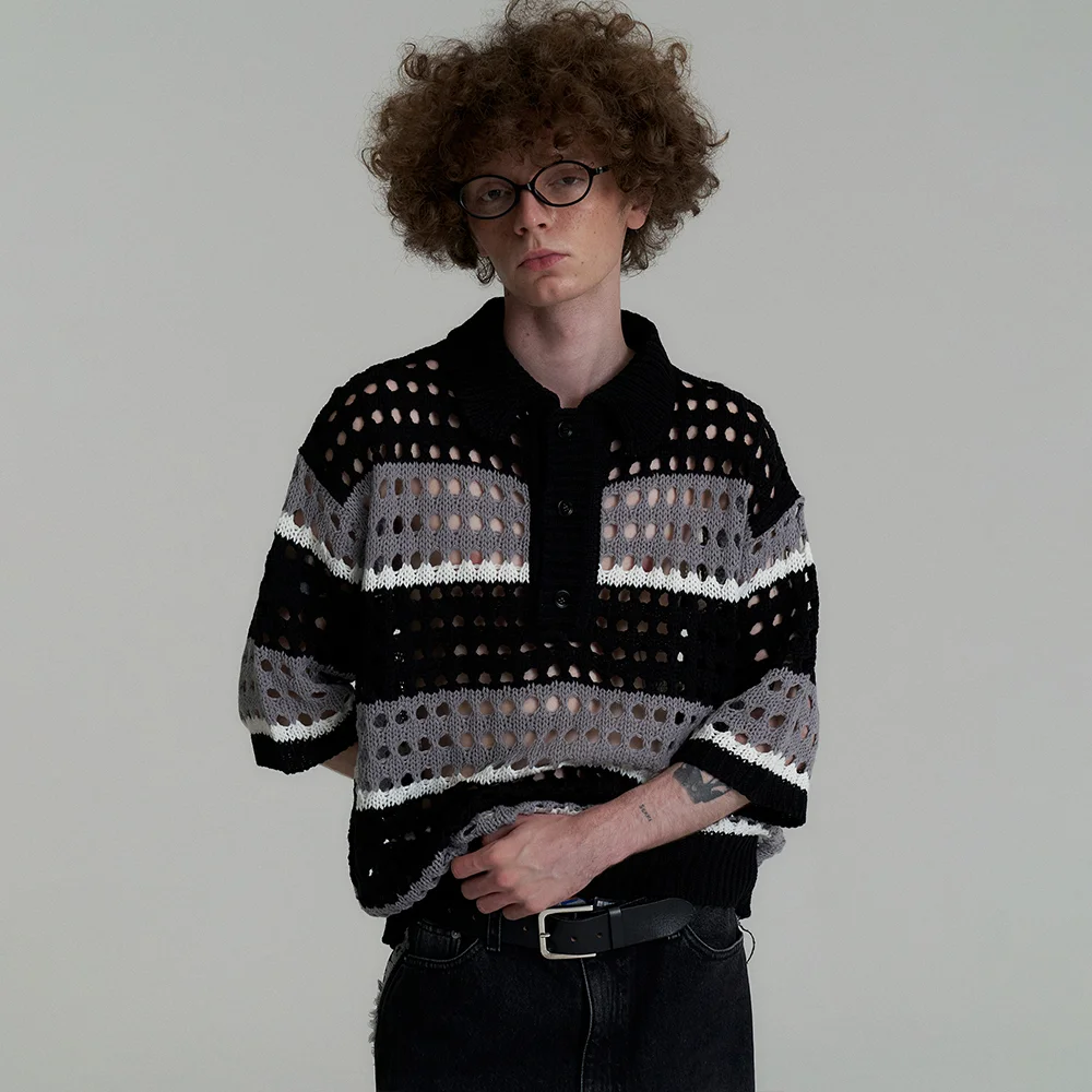 NET STRIPE COLLAR KNIT - BLACK