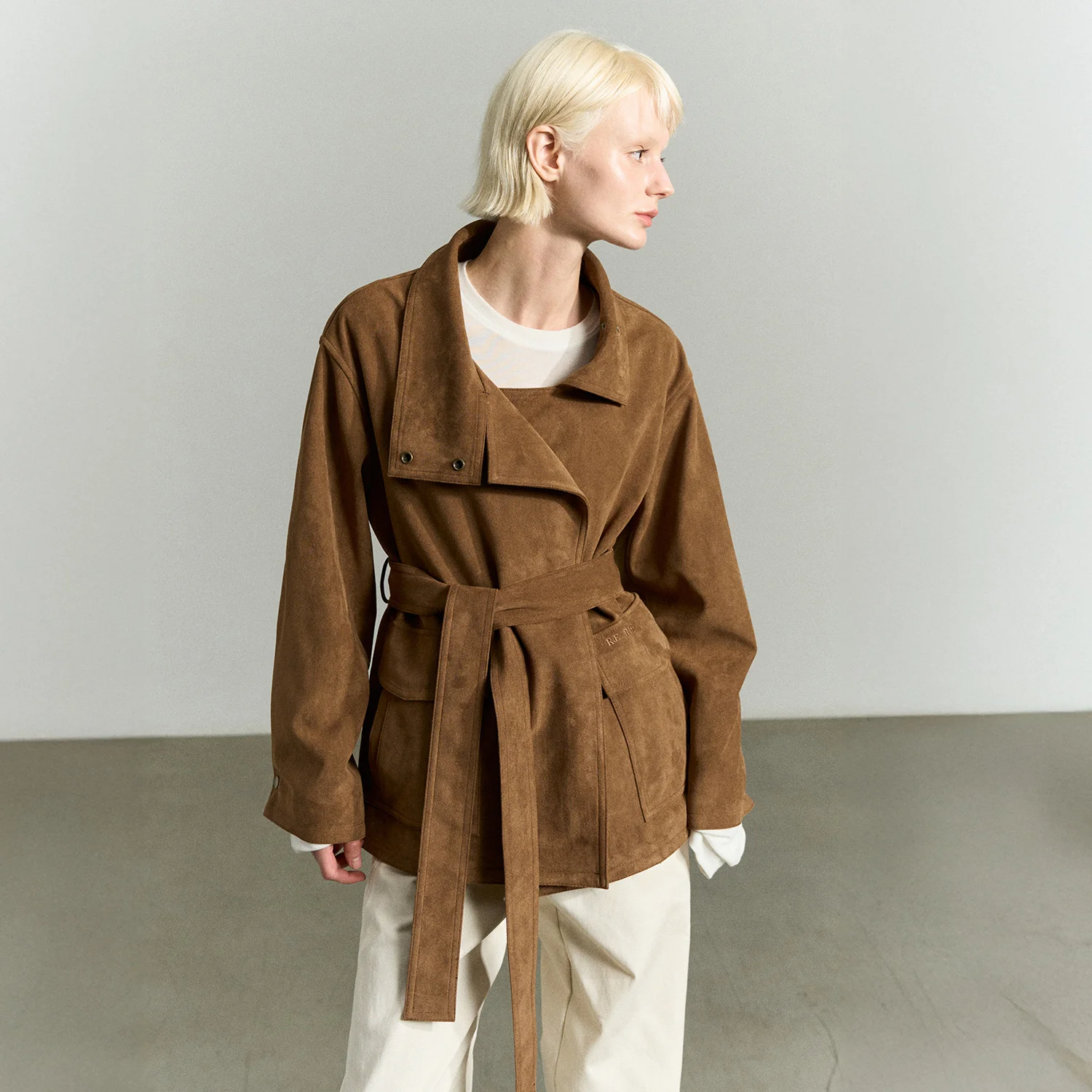 SUEDE FUNNEL NECK JACKET CAMEL BROWN