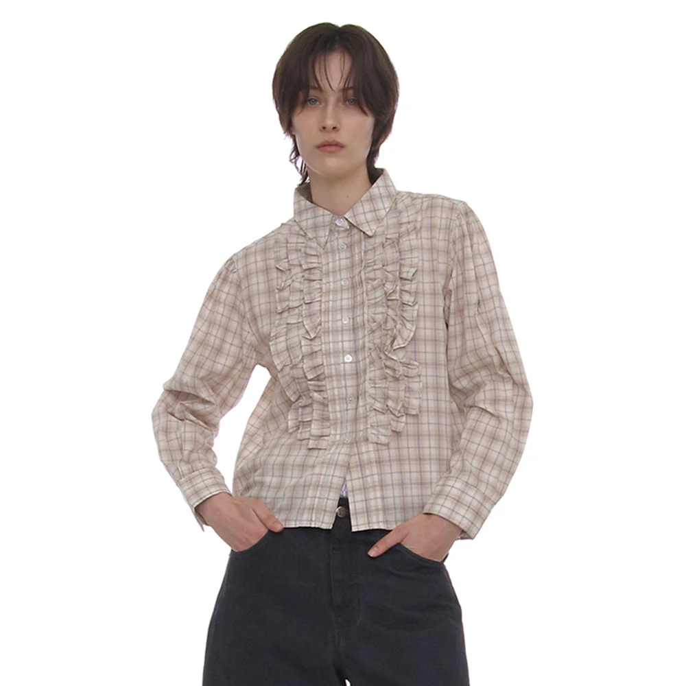 COUNTRY RUFFLE-PINTUCK SHIRT_BEIGE CHECK