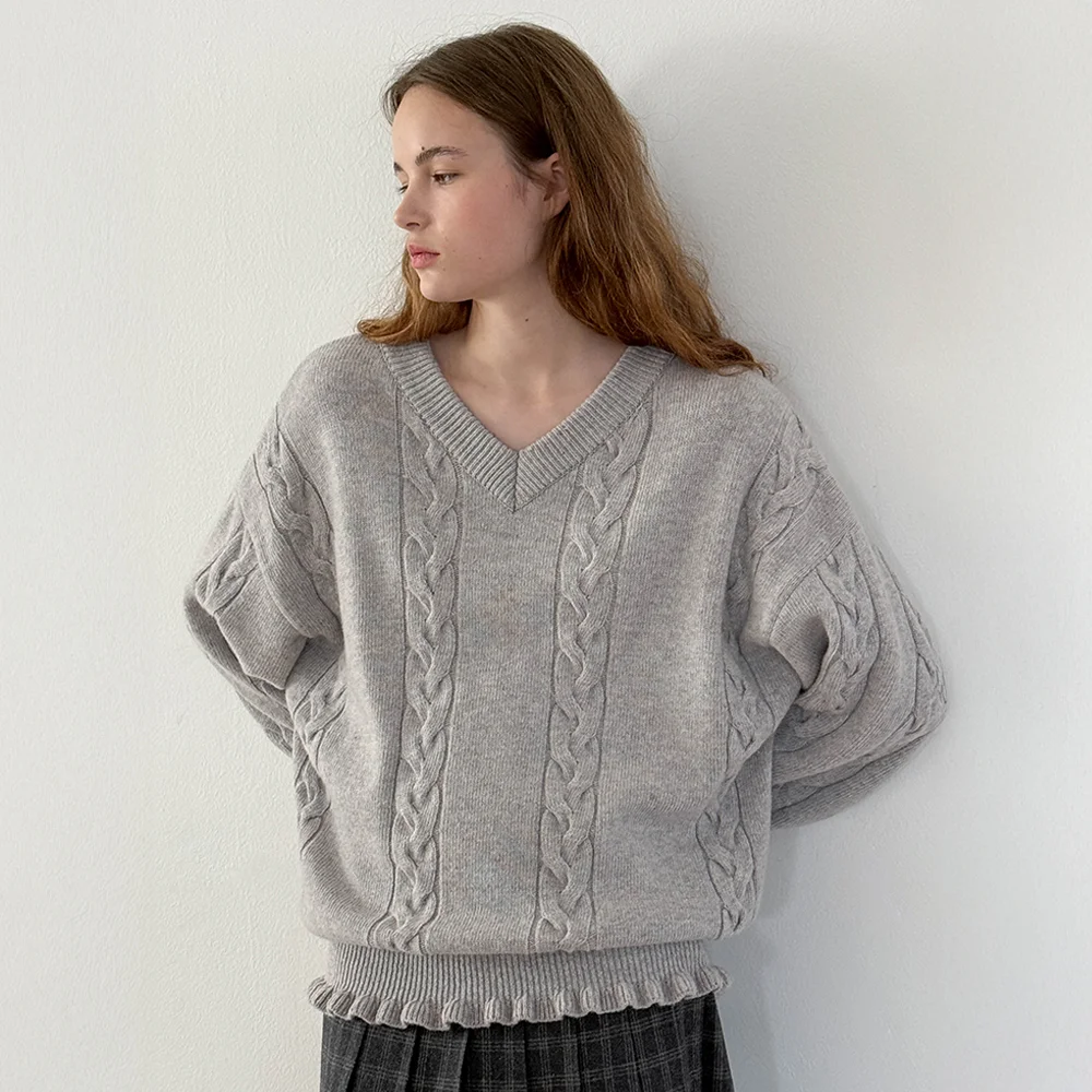 SN Cable V-neck Pullover (Grey)