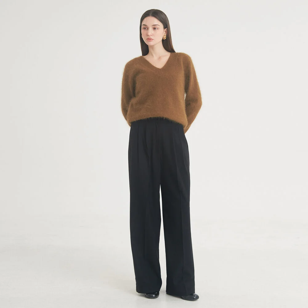 Two-Tuck Button Wide Wool Pants (Black)
