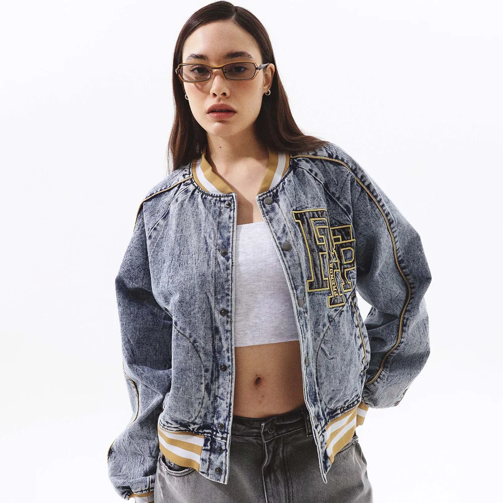 DENIM VARSITY JACKET BLUE DENIM
