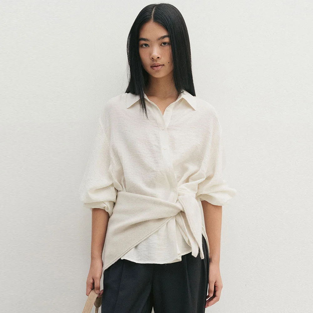 Wrinkle Button Wrap Shirts(Ivory)