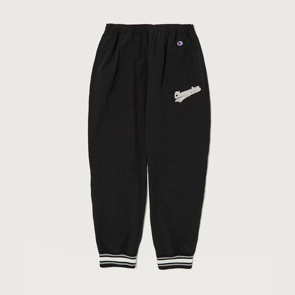 網布 條紋 點綴 束腳褲 Black