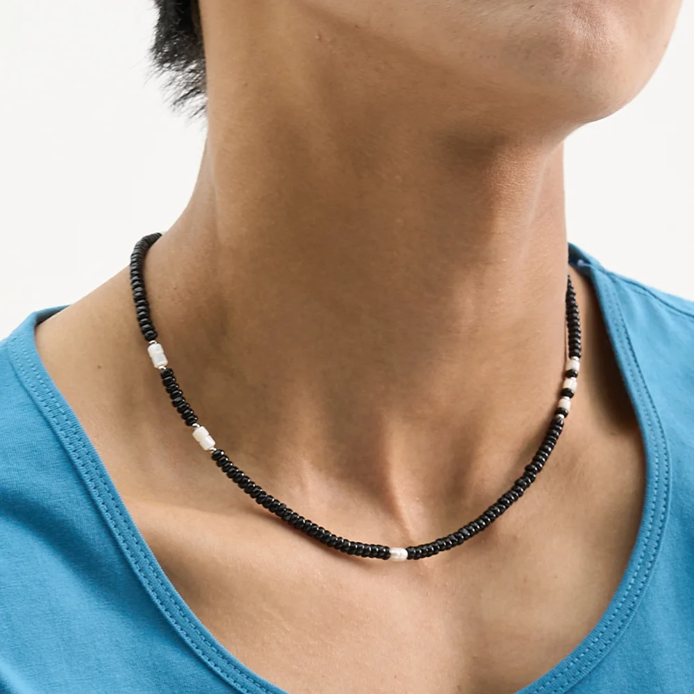 黑曜色 & 珍珠 Necklace_黑色 石洗