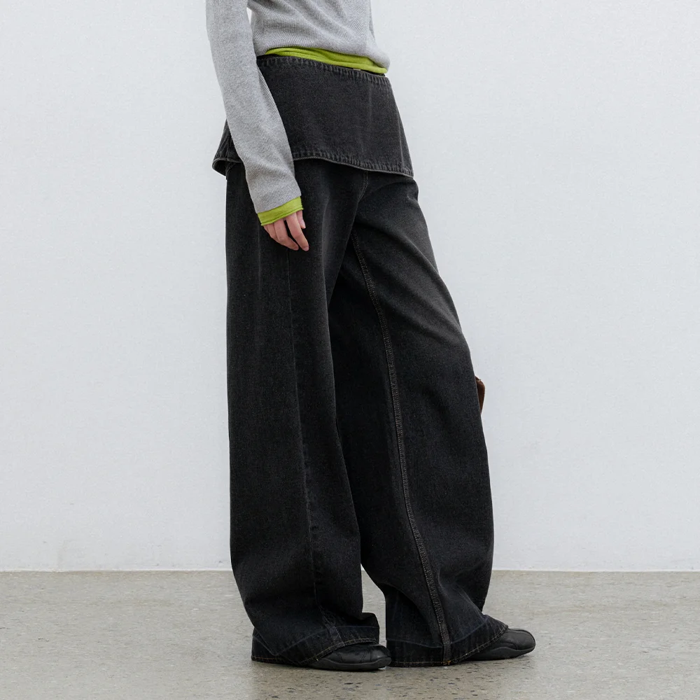(PT-5810)LAYERED DENIM WIDE PANTS S