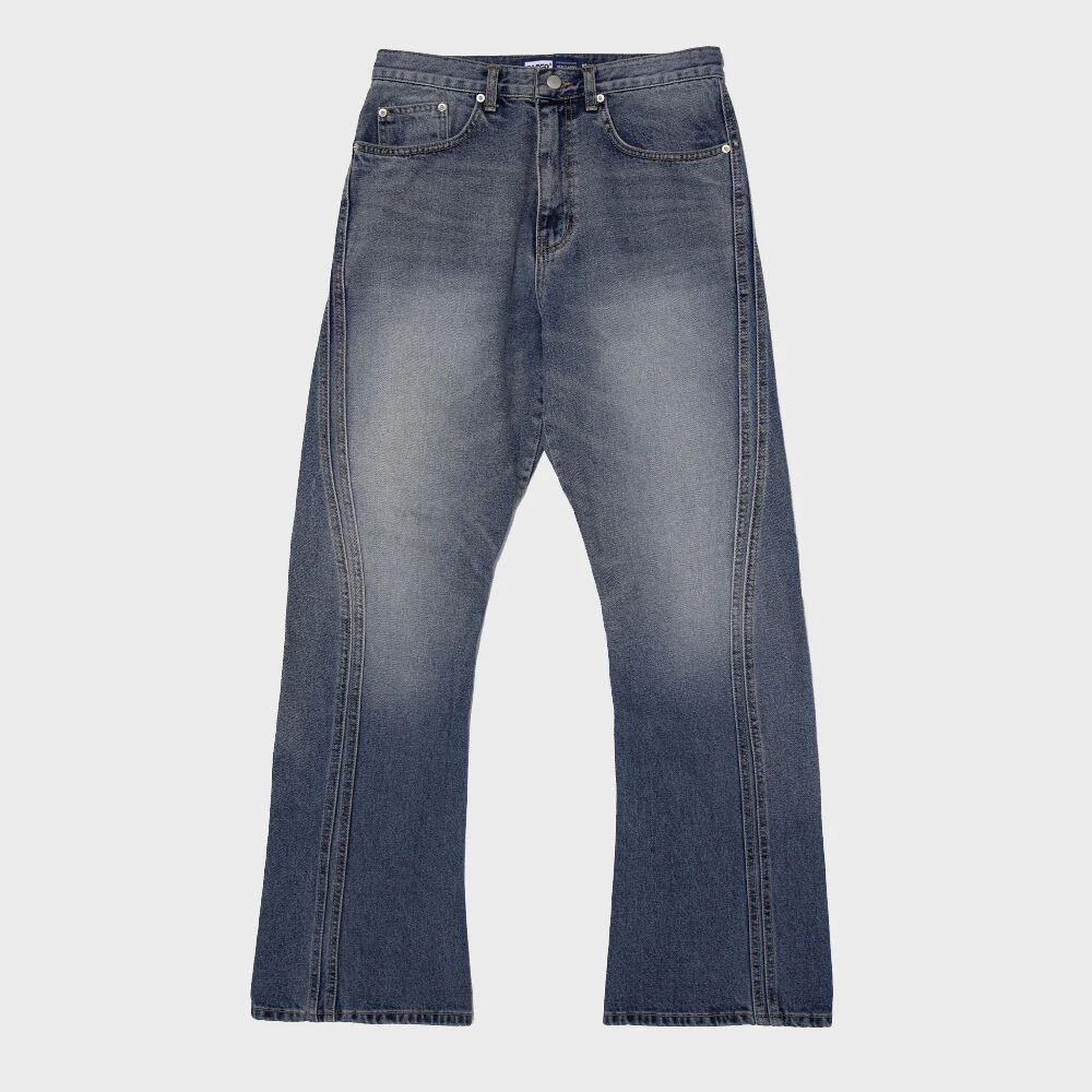 CURVED FLARE DENIM PANTS (BLUE)