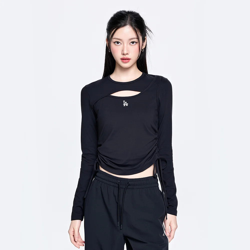 女裝 基本款 鏤空 拼接 修身 半短版 長袖 T恤 LA (Black)