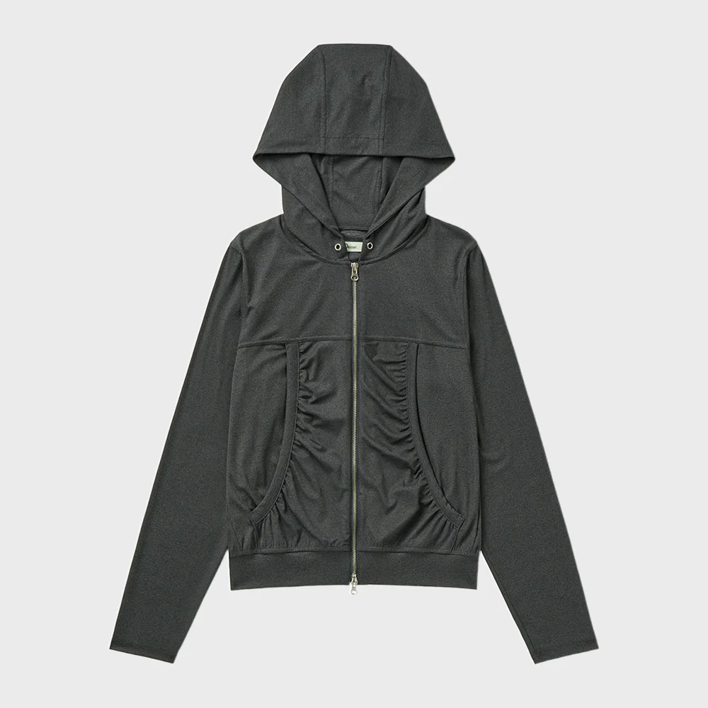 SHIRRING HOOD ZIP UP IN DARK GREY