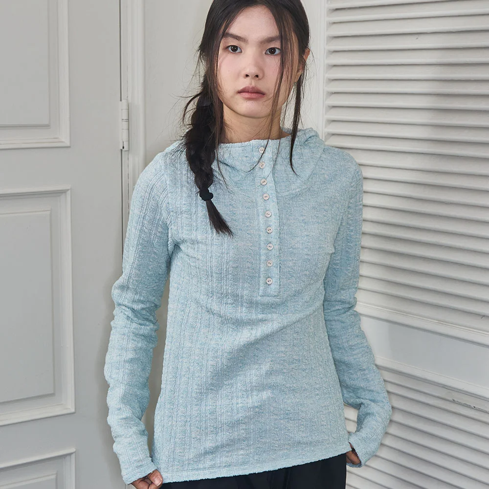 Cable textured pullover hoodie - Aqua blue