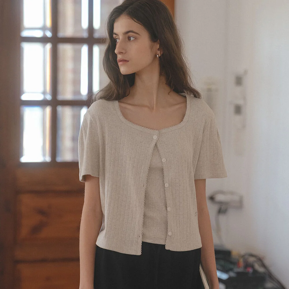 Sleeveless set half sleeve eyelet cardigan_Oatmeal
