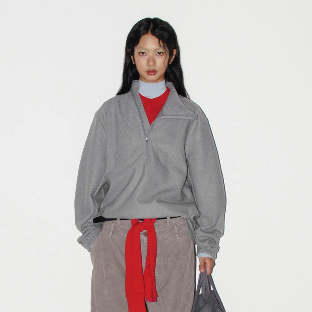CURVED HALF WOOL ZIP-UP GREY