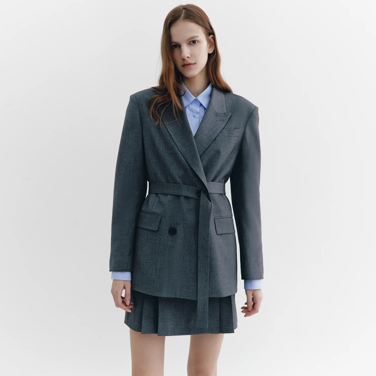 Wool-Blend Belted Double-breasted Blazer CHARCOAL GREY