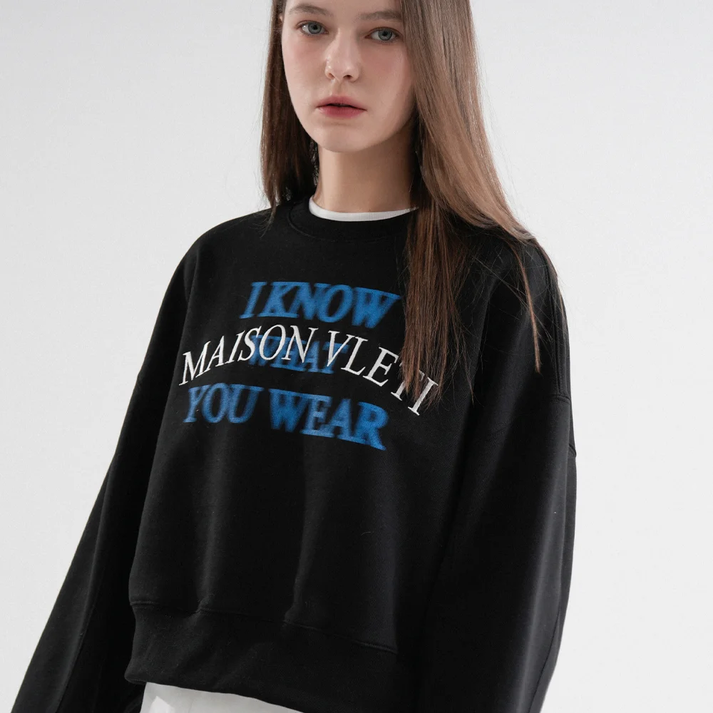 Logo Embroidery Round Crop Sweatshirt (Black)