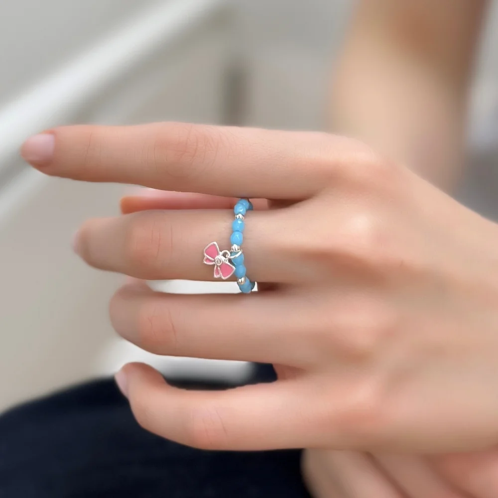 Silver pink ribbon silverball beads Ring 925銀色 粉色 蝴蝶結 銀珠 鬆緊帶 捷克 串珠 戒指