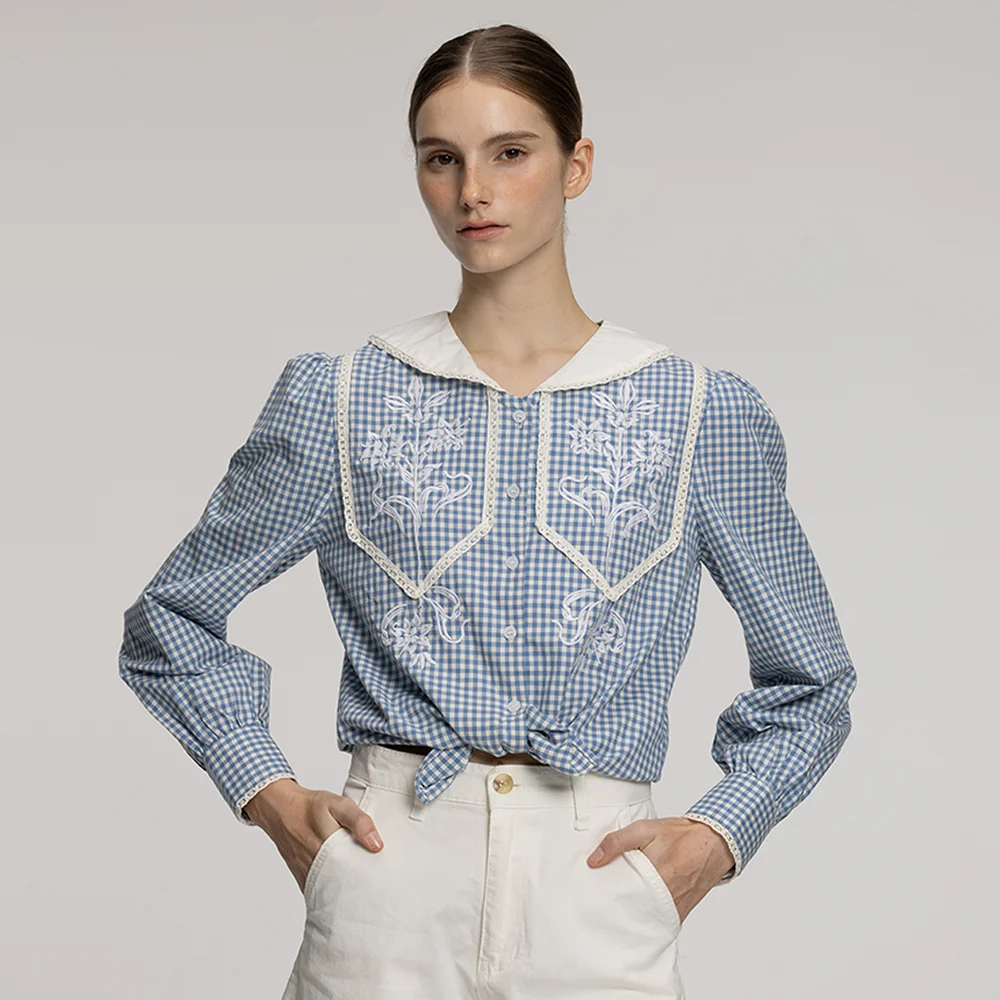 Check Sailor Embroidered Blouse (Blue)