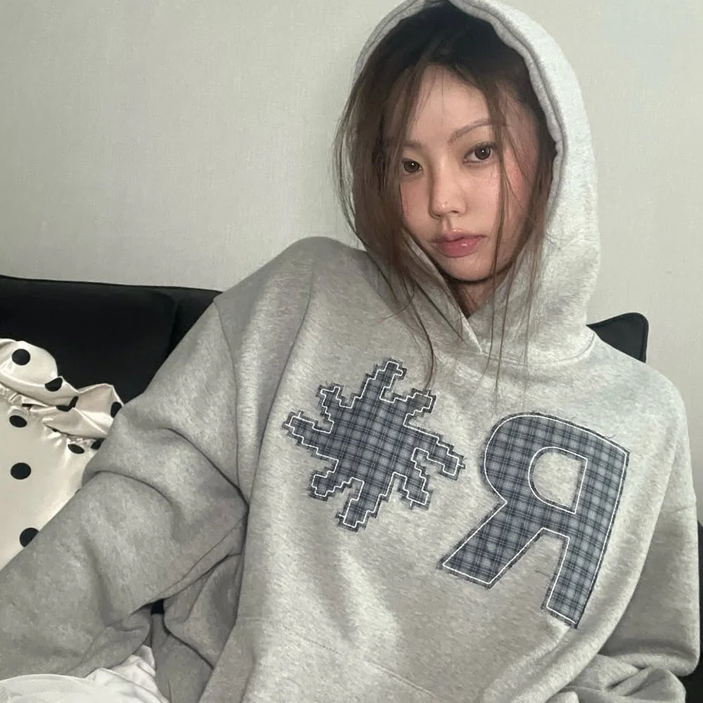 格紋 補丁 連帽衫_灰色