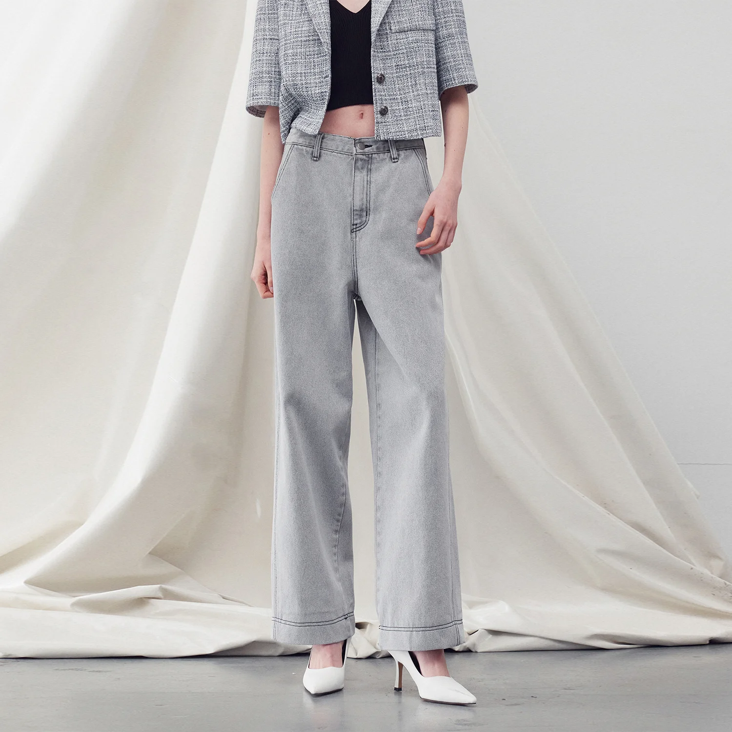 WASHED DENIM STRAIGHT LEG PANTS