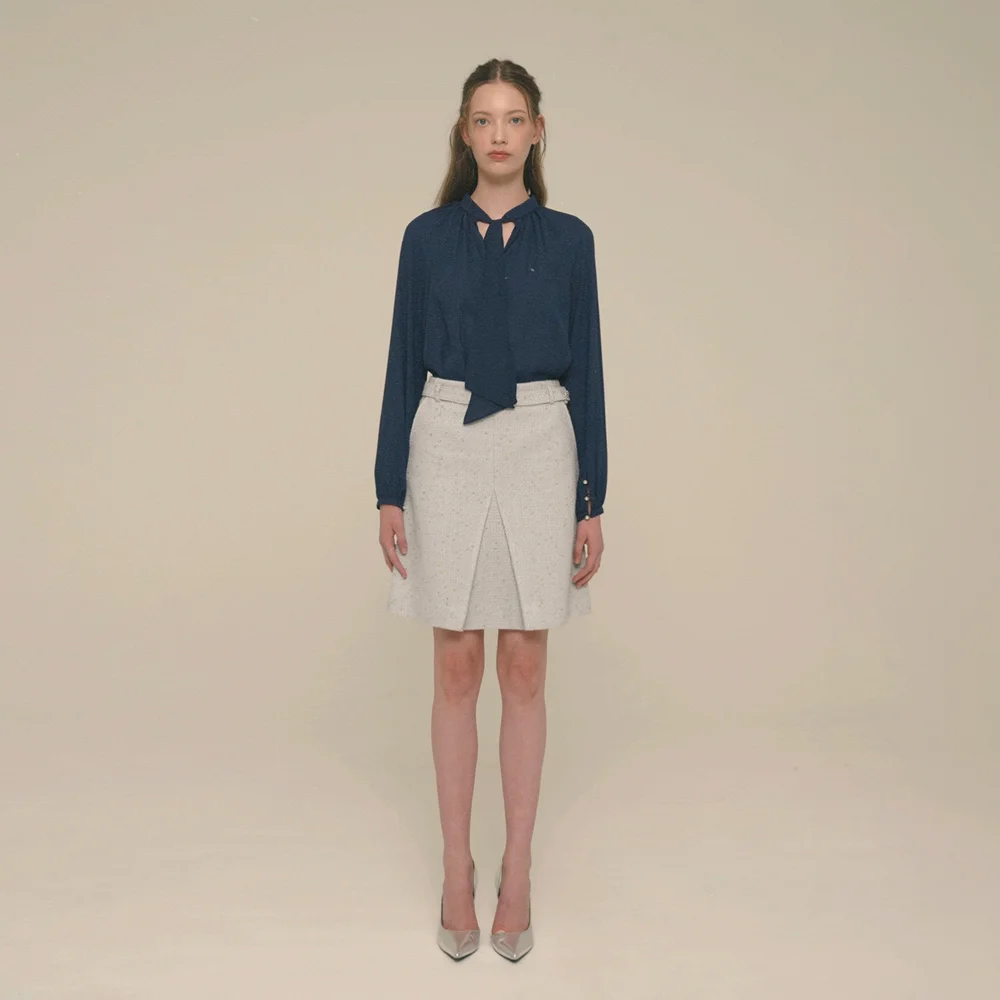 Crystal-Button Tweed Skirt_Quite Gray