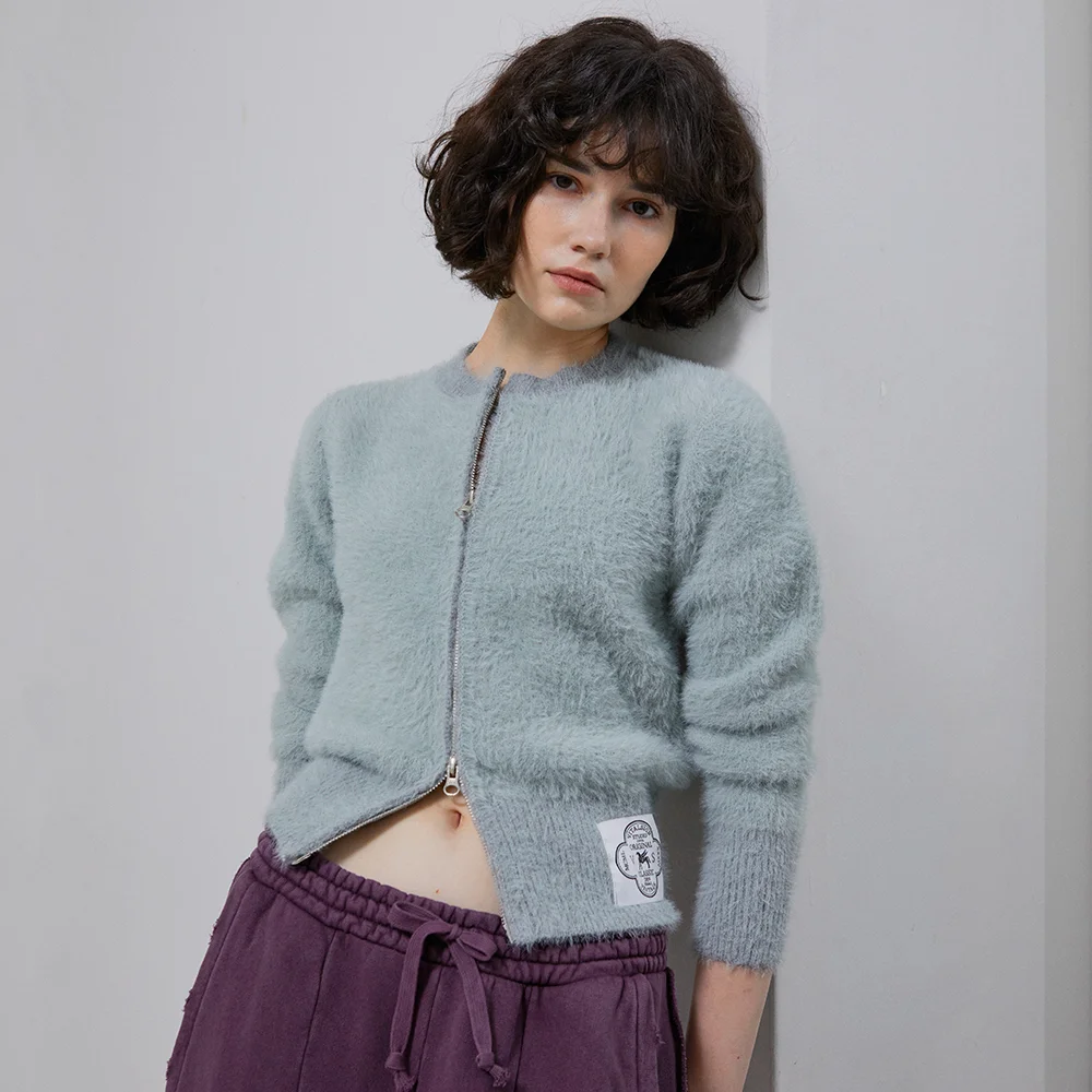 Mohair Wool Blend Knit Zip-Up (Ash Green)