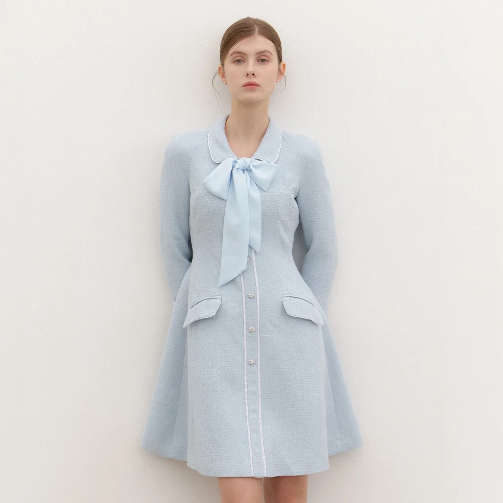Tweed Chiffon-Trim Midi Dress / Blue(3Color)