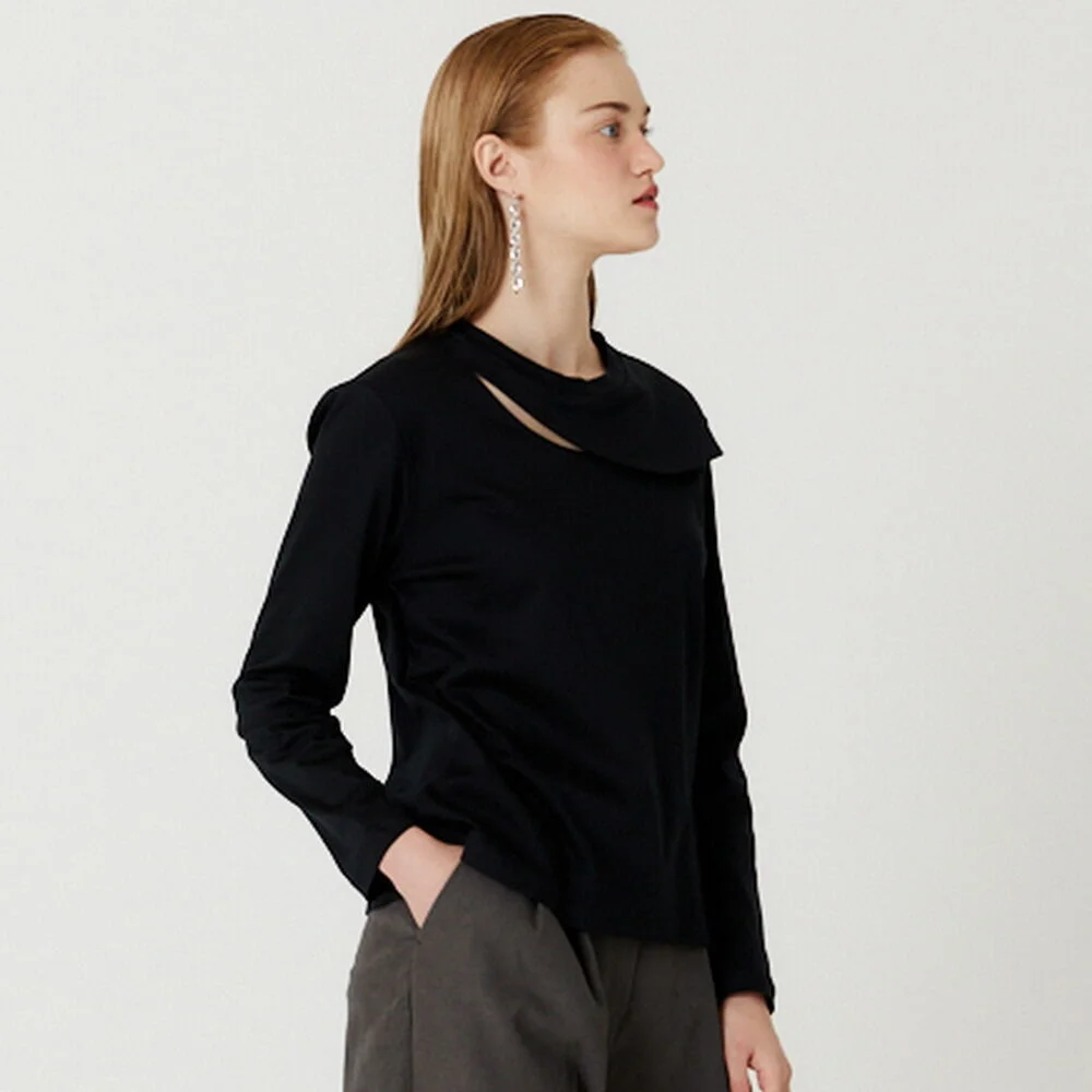 ROUND SLIT SILKET COTTON LONG SLEEVE T-SHIRTS(BLACK)