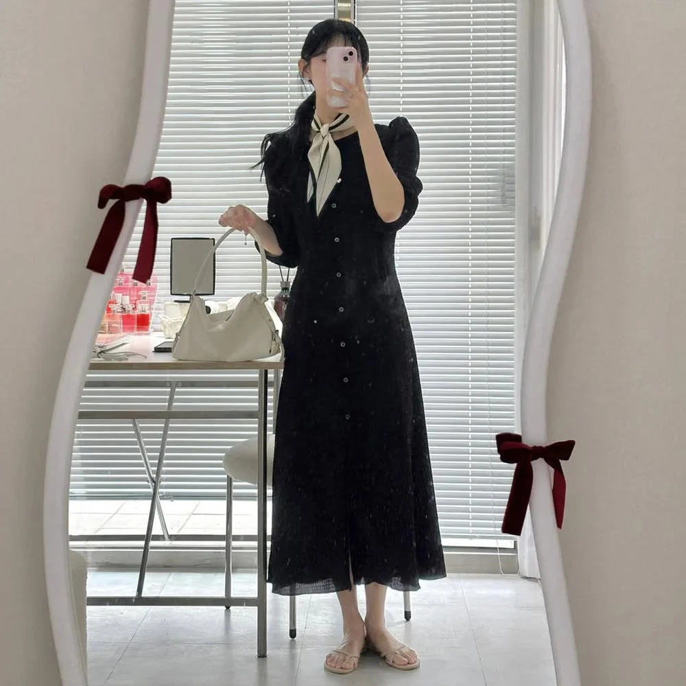 Seersucker shirring long dress - black