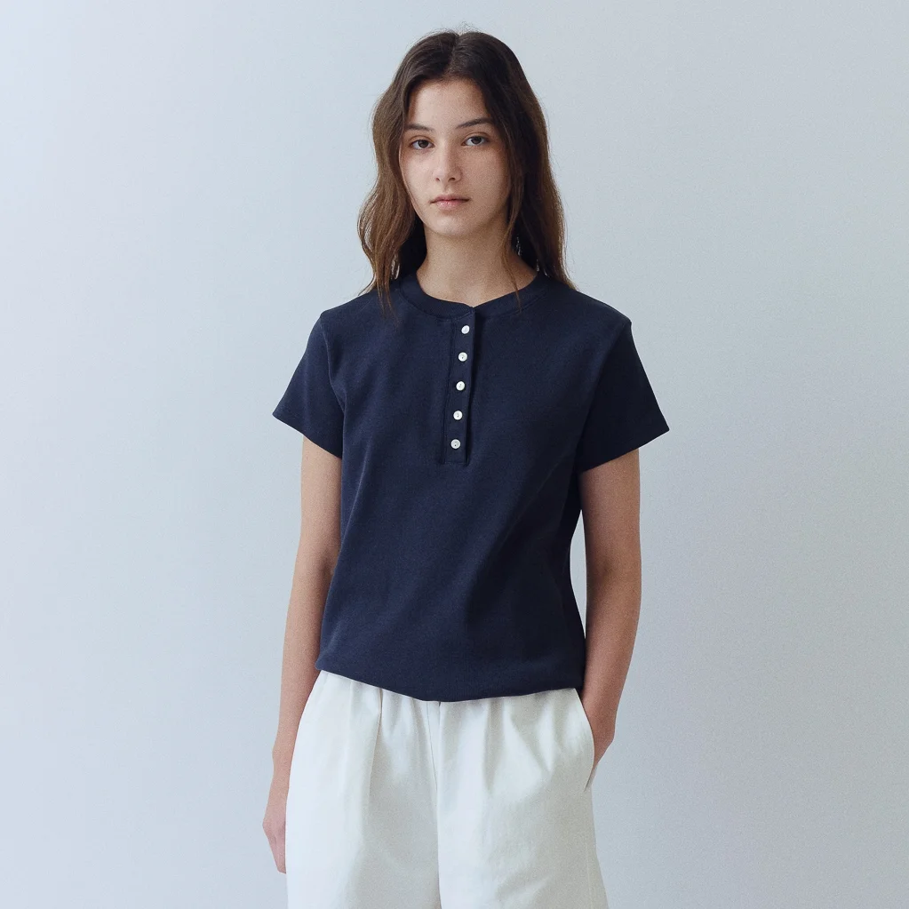 Henley Neck Button Tee(Navy)