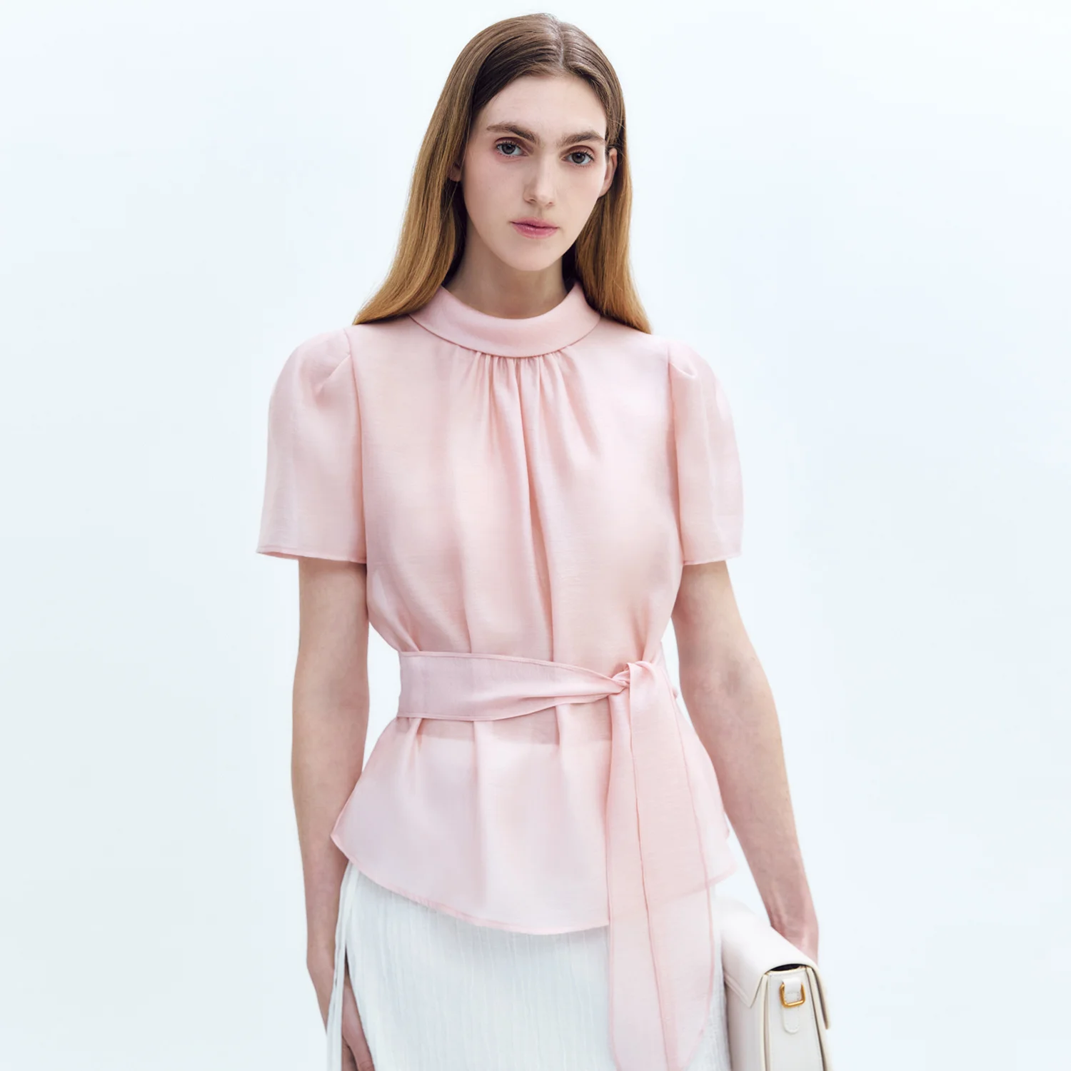 Roll collar Short-SLV Pussy-bow Blouse PINK