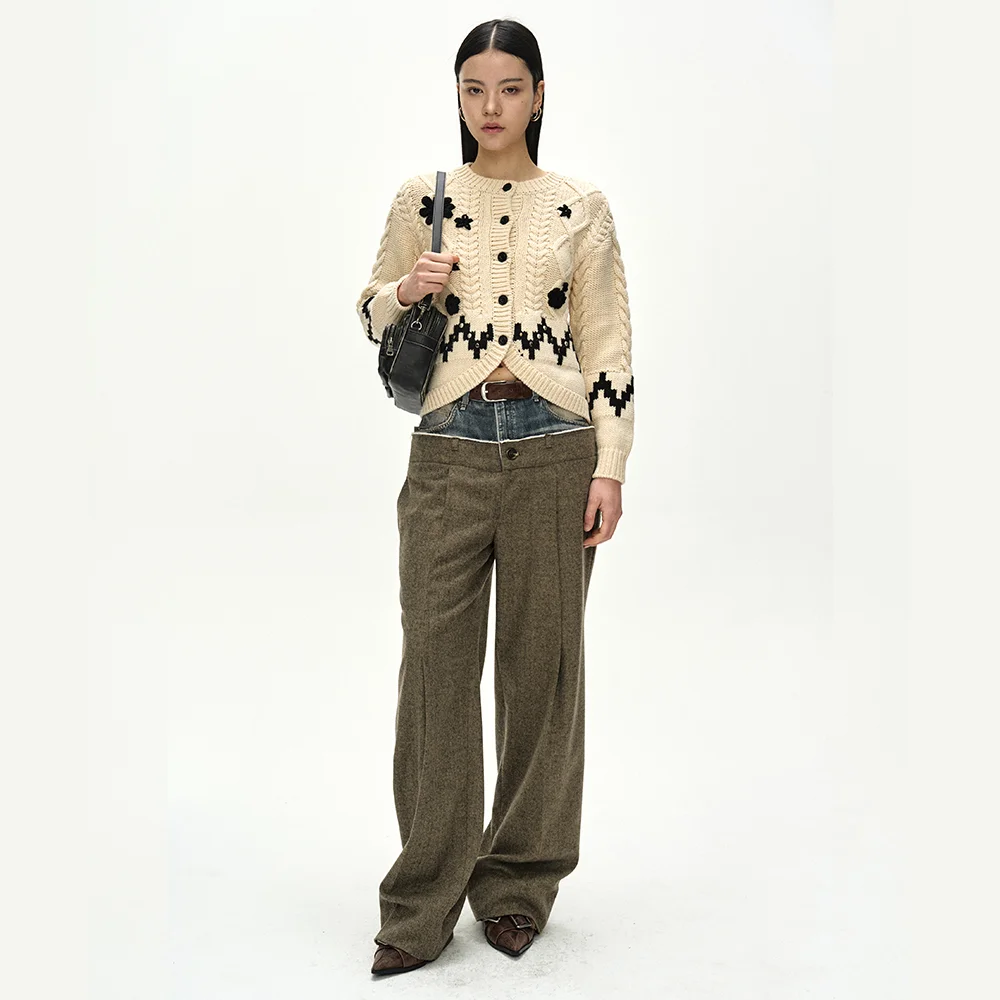 DENIM-WAIST HERRINGBONE TROUSERS (KHAKI BROWN)