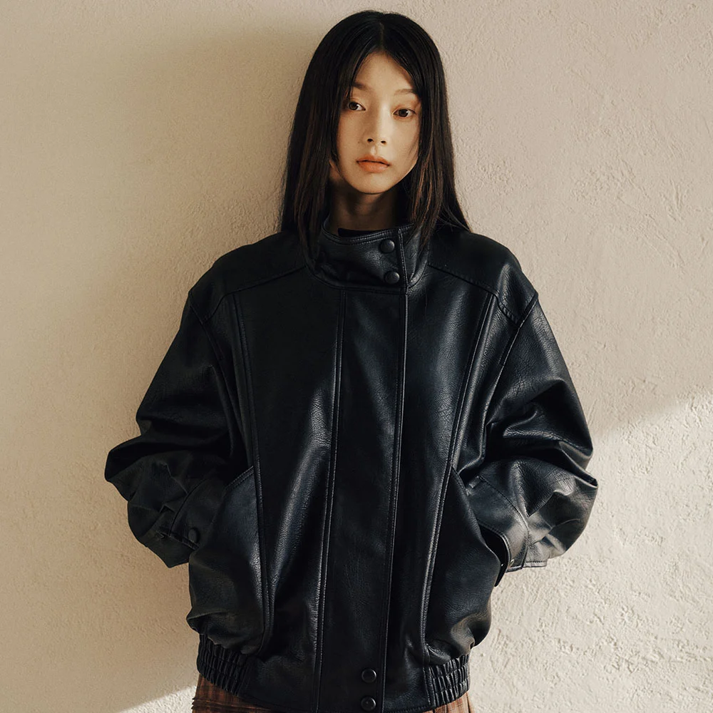女裝 皮革 短身外套 外套 黑色